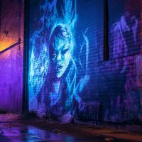 uma mural do uma mulher com azul e roxa luzes em a lado do uma construção generativo ai foto
