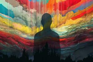 uma pintura do uma homem em pé dentro frente do uma colorida céu generativo ai foto