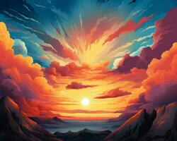 uma pintura do uma pôr do sol com nuvens e montanhas dentro a fundo generativo ai foto