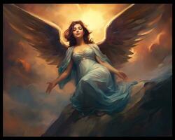 uma pintura do a anjo sentado em topo do uma montanha generativo ai foto