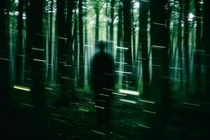 uma pessoa é em pé dentro a meio do uma Sombrio floresta generativo ai foto