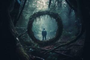 uma pessoa em pé dentro a meio do uma Sombrio floresta generativo ai foto