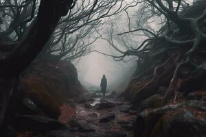 uma pessoa em pé dentro a meio do uma Sombrio floresta generativo ai foto