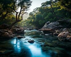 uma rio corrida através uma floresta com pedras e árvores generativo ai foto