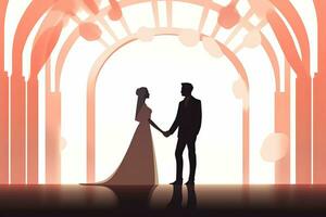 uma silhueta do uma noiva e noivo em pé dentro frente do a arco generativo ai foto