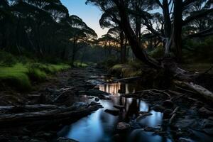 uma corrente corre através uma floresta às pôr do sol generativo ai foto