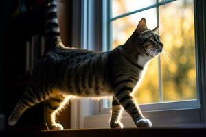 uma malhado gato em pé dentro frente do uma janela generativo ai foto