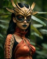 uma mulher dentro uma vermelho e ouro traje com uma mascarar em dela face generativo ai foto