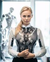 uma mulher dentro uma camisa e gravata em pé dentro frente do uma robô generativo ai foto