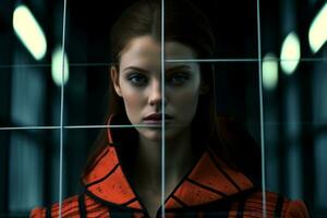 uma mulher dentro a laranja e Preto Jaqueta em pé dentro frente do uma vidro parede generativo ai foto