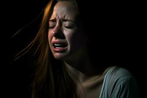 uma mulher é chorando dentro uma Sombrio quarto generativo ai foto