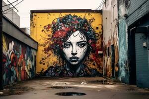 uma mulher é pintado em uma parede dentro a beco generativo ai foto