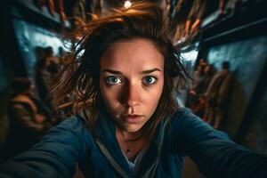 uma mulher é levando uma selfie dentro uma Sombrio túnel generativo ai foto