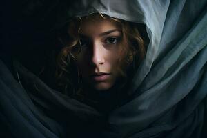 uma mulher é embrulhado dentro uma cobertor dentro uma Sombrio quarto generativo ai foto