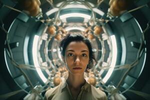 uma mulher olhando acima às a Câmera dentro uma futurista túnel generativo ai foto