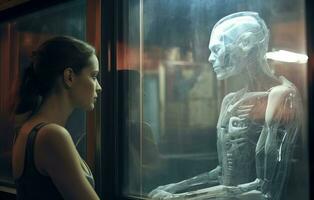 uma mulher olhando às uma esqueleto dentro uma vidro caso generativo ai foto