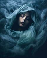 uma mulher dormindo dentro a Sombrio com dela olhos fechadas generativo ai foto