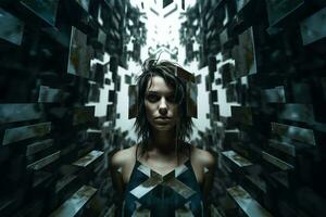 uma mulher cercado de cubos dentro uma Sombrio quarto generativo ai foto