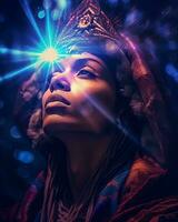 uma mulher vestindo uma cocar com uma brilhante luz brilhando em dela face generativo ai foto
