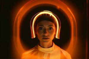 uma mulher vestindo a laranja capacete dentro uma Sombrio quarto generativo ai foto