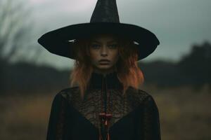 uma mulher com vermelho cabelo vestindo uma bruxa chapéu generativo ai foto