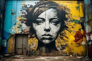 uma mulher face é pintado em uma parede dentro a beco generativo ai foto