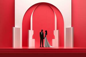 a ilustração do uma noiva e noivo em pé dentro frente do a arco generativo ai foto