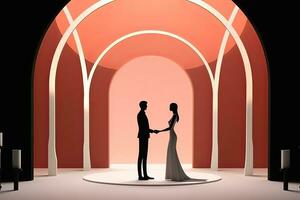a ilustração do uma noiva e noivo em pé dentro frente do a arco generativo ai foto
