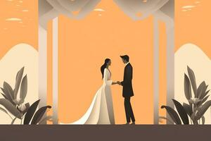 a ilustração do uma noiva e noivo em pé debaixo a arco generativo ai foto