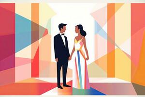 a ilustração do uma homem e mulher em pé dentro frente do uma colorida fundo generativo ai foto