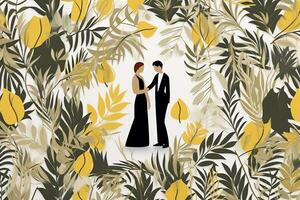 a ilustração do uma homem e mulher em pé dentro frente do amarelo folhas generativo ai foto