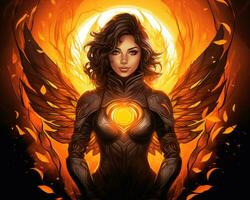 a ilustração do uma mulher com asas e fogo dentro a fundo generativo ai foto