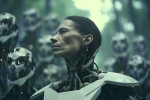 a imagem do uma mulher em pé dentro frente do uma grupo do robôs generativo ai foto