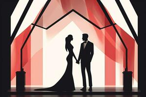 silhueta do uma homem e mulher em pé dentro frente do uma vermelho cortina generativo ai foto
