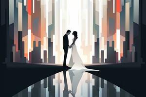 a noiva e noivo estão em pé dentro frente do uma cidade Horizonte generativo ai foto