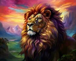 a leão é em pé dentro frente do uma colorida céu generativo ai foto