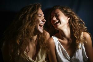 dois mulheres rindo juntos em uma Sombrio fundo generativo ai foto