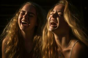 dois jovem mulheres rindo juntos dentro a Sombrio generativo ai foto