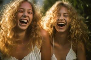 dois jovem mulheres rindo dentro a Sol generativo ai foto