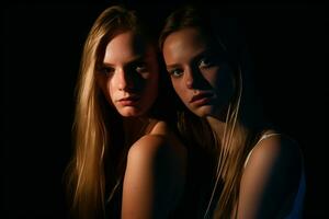 dois jovem mulheres posando para a Câmera dentro a Sombrio generativo ai foto