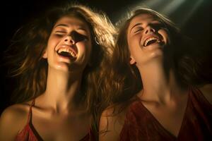 dois jovem mulheres rindo dentro a Sombrio generativo ai foto