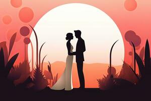 Casamento casal silhuetas dentro a pôr do sol com a Sol dentro a fundo generativo ai foto