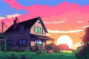 colorido desenhando do uma verão suburbano casa generativo ai foto