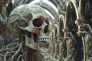 enigmático bizarro Sombrio monstro esqueleto fundo com sobrenatural Projeto 3d render generativo ai foto