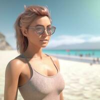 hiper realista 3d render do a atraente fêmea em uma verão de praia generativo ai foto