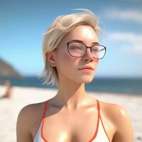 hiper realista 3d render do a atraente fêmea em uma verão de praia generativo ai foto