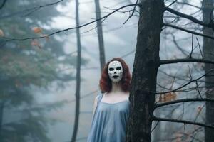 mascarado misterioso mulher dentro uma floresta generativo ai foto