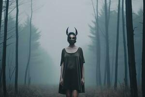 mascarado misterioso mulher dentro uma floresta generativo ai foto