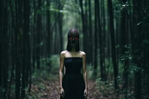 mascarado misterioso mulher dentro uma floresta generativo ai foto