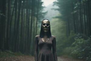 mascarado misterioso mulher dentro uma floresta generativo ai foto
